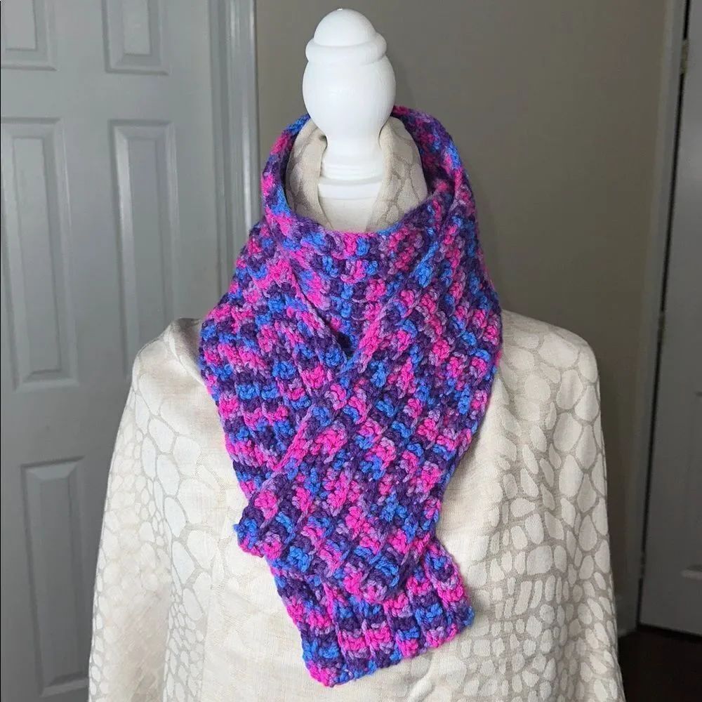 Hand Crochet Blue Purple Pink Skinny Scarf
